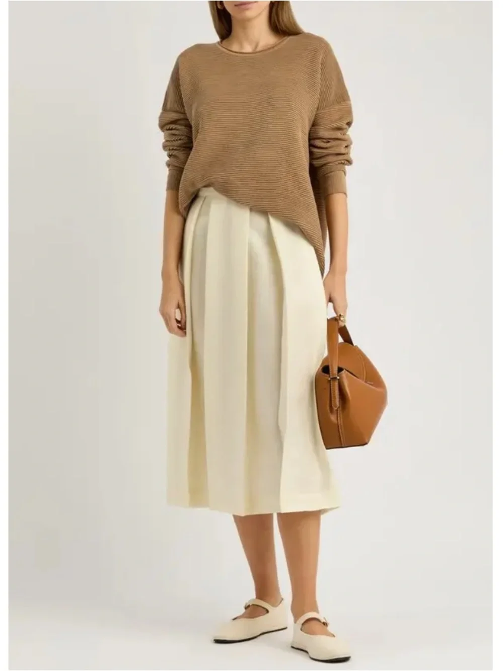 EILEEN FISHER Camel Ribbed Organic Cotton-Blend Crewneck Sweater